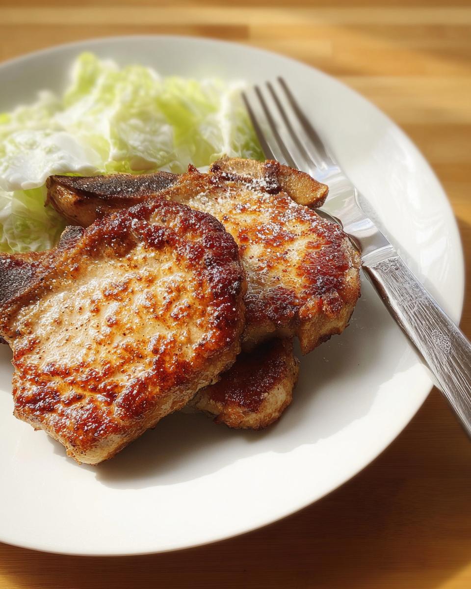 Two perfectly cooked, golden brown pork chops served with a side of crisp lettuce.