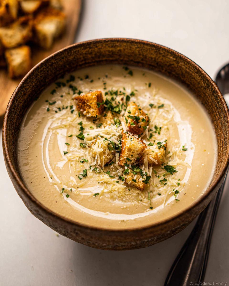 A close-up of a bowl of simple creamy soup with rich flavor, topped with croutons, shredded cheese, and parsley.