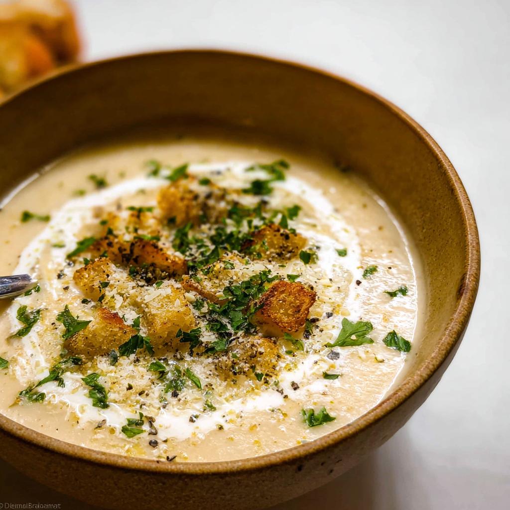 A bowl of simple creamy soup with rich flavor, topped with croutons, fresh parsley, and a swirl of cream.