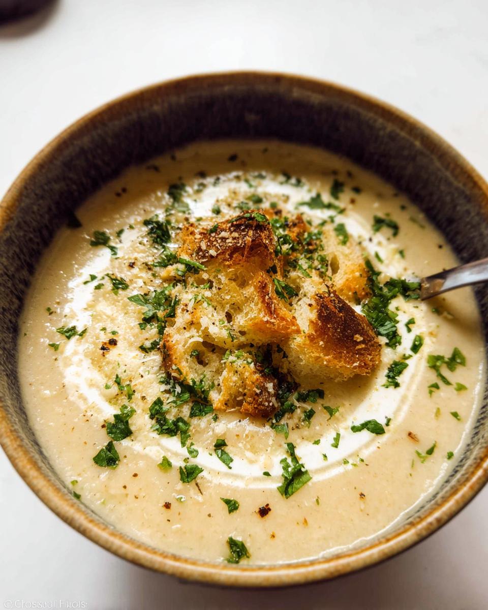 A bowl of simple creamy soup with rich flavor, topped with croutons, fresh parsley, and a swirl of cream.