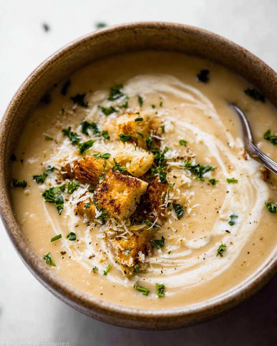 A bowl of simple creamy soup with rich flavor, topped with croutons, parsley, and a swirl of cream.