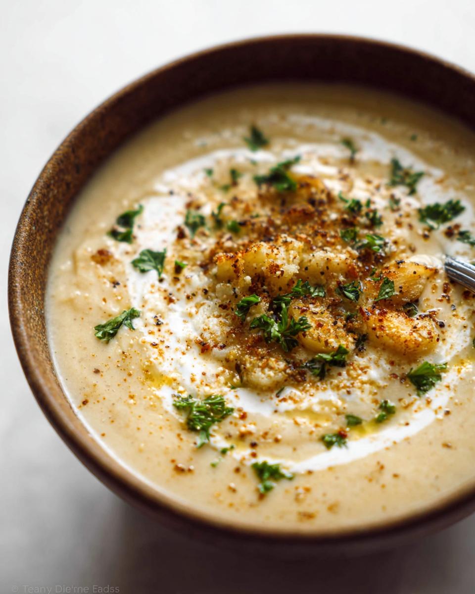 A bowl of simple creamy soup with rich flavor, topped with a swirl of cream, herbs, and croutons.