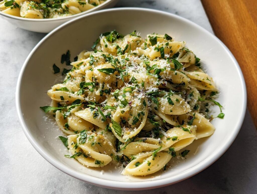A close-up of a bowl of Simple Garlic Butter Pasta, generously topped with fresh herbs and grated Parmesan cheese.