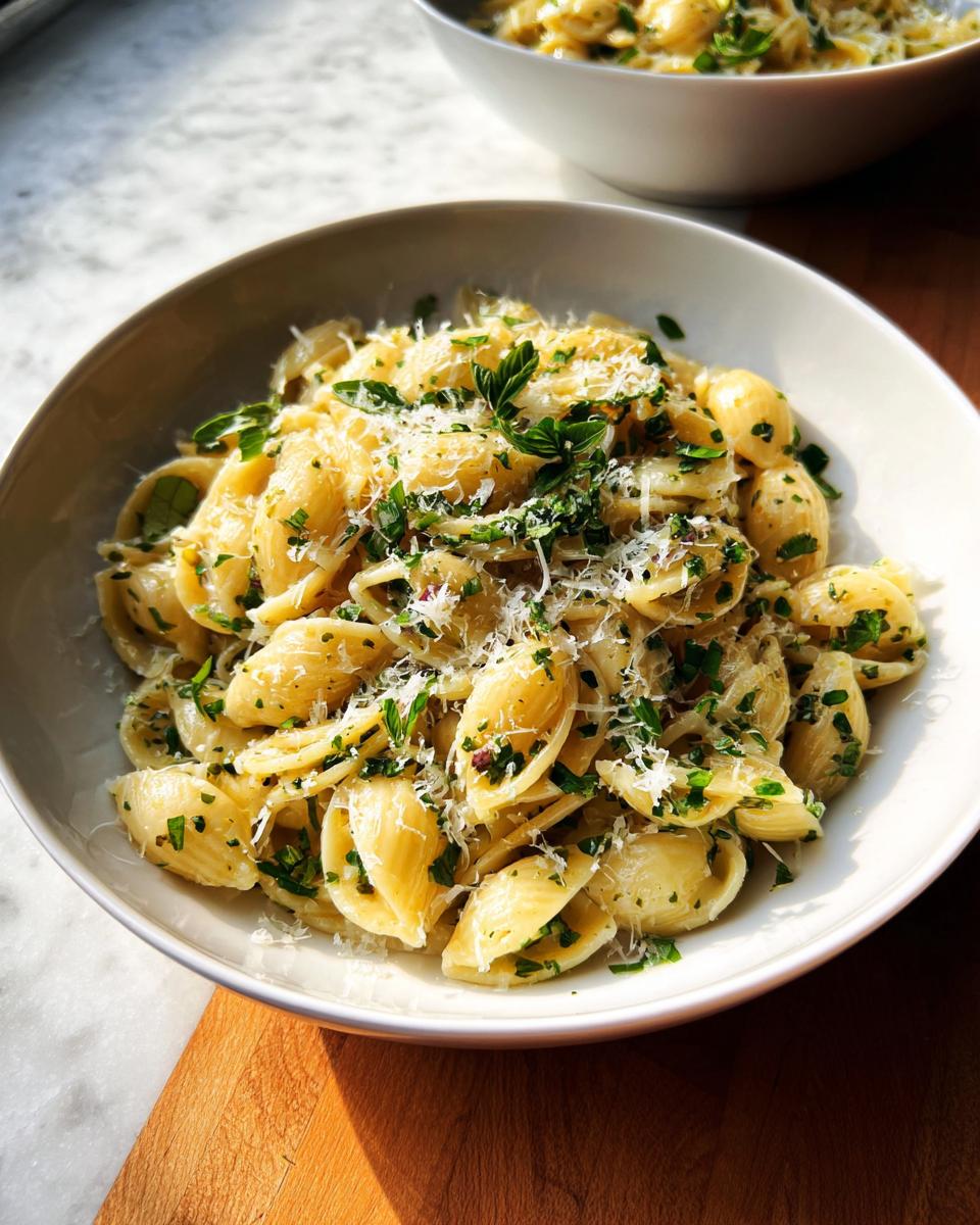 A bowl of Simple Garlic Butter Pasta With Herb Finish, topped with grated Parmesan cheese and fresh parsley.