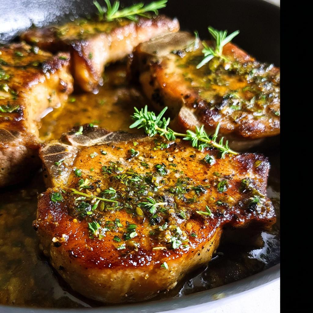 Close-up of pan-seared Simple Garlic Herb Pork Chops, glistening with sauce and fresh herbs.