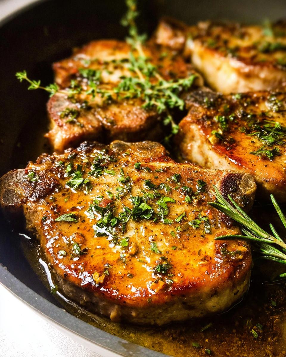 Close-up of juicy Simple Garlic Herb Pork Chops sizzling in a pan with herbs and garlic.