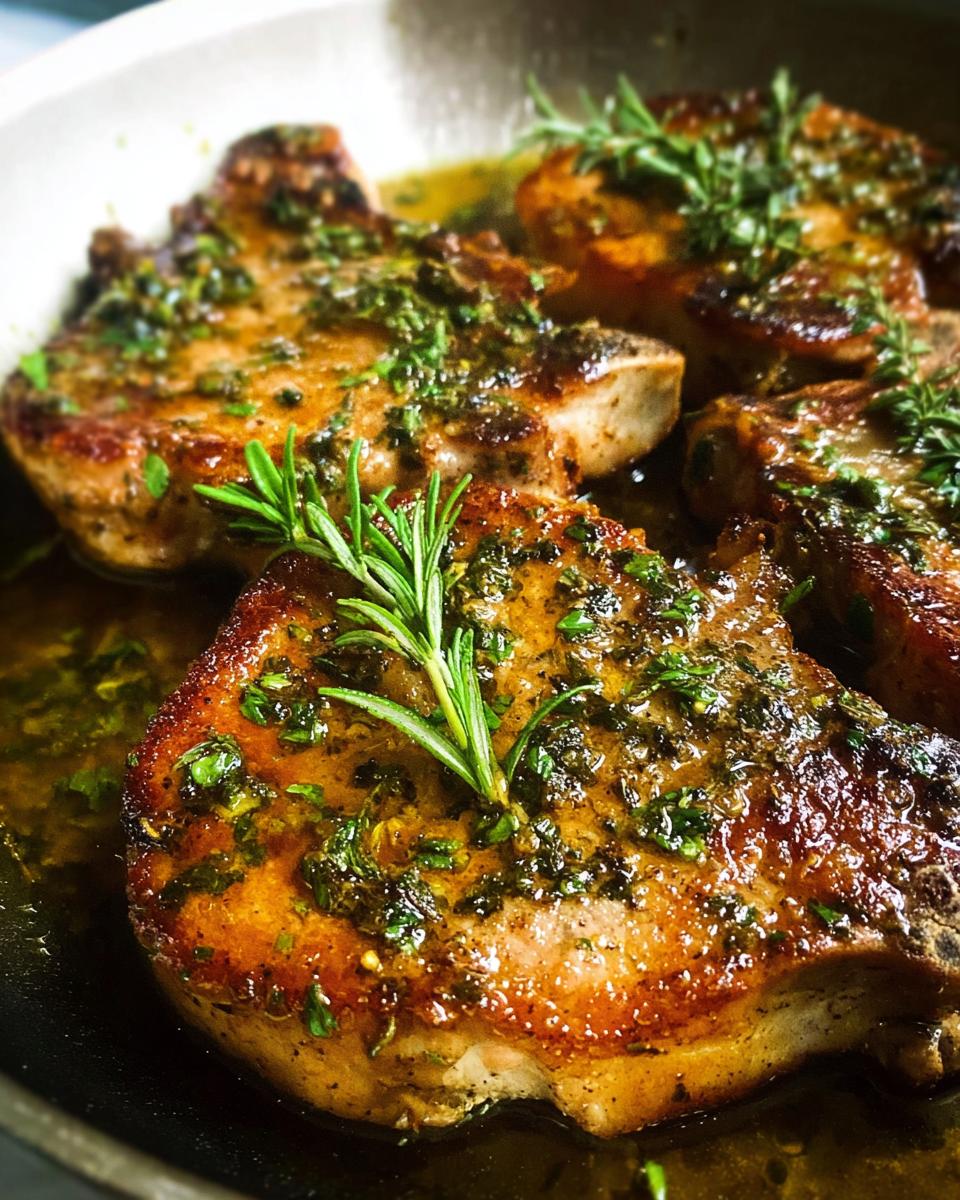 Close-up of pan-seared Simple Garlic Herb Pork Chops, glistening with sauce and garnished with rosemary.