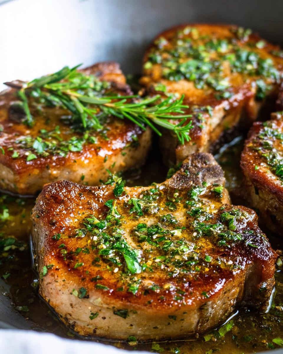 Close-up of juicy Simple Garlic Herb Pork Chops in a pan, glistening with herb sauce and a sprig of rosemary.