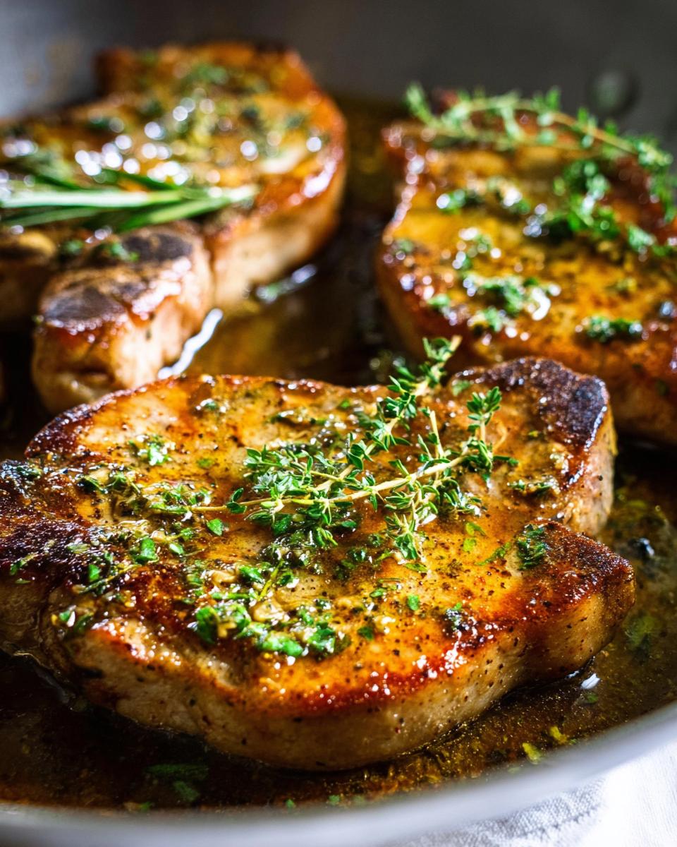 Close-up of juicy Simple Garlic Herb Pork Chops cooking in a pan with fresh herbs and garlic.