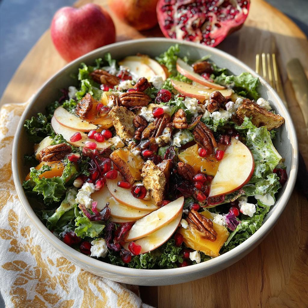 A colorful and vibrant Simple Harvest Salad For A Festive Table, featuring kale, apple slices, pomegranate seeds, pecans, and feta cheese.