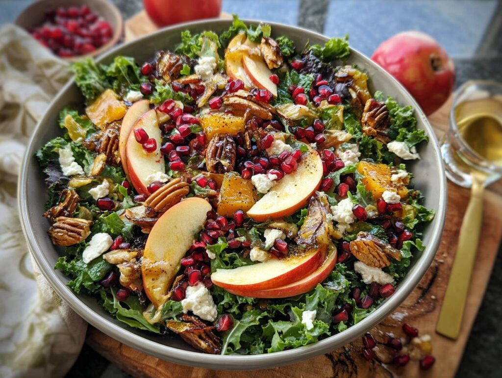 A vibrant Simple Harvest Salad featuring kale, apple slices, pomegranate seeds, pecans, and goat cheese.