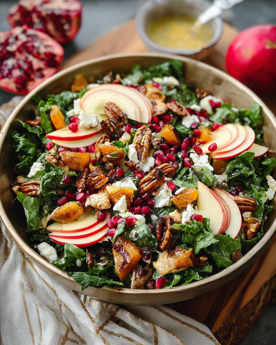 A festive Simple Harvest Salad with kale, apple slices, pomegranate seeds, feta cheese, and pecans.