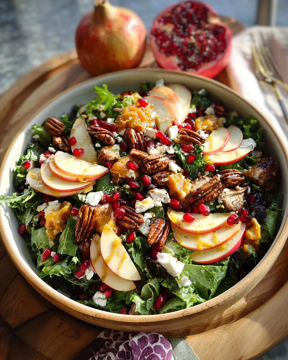 A vibrant Simple Harvest Salad for a Festive Table, featuring greens, apples, pecans, pomegranate seeds, and feta cheese.
