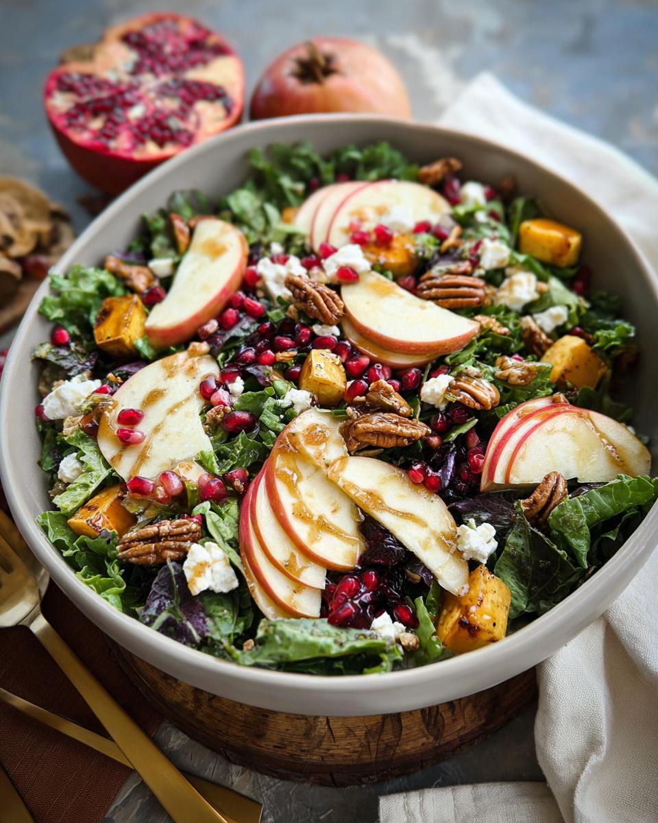 A vibrant Simple Harvest Salad For A Festive Table with apples, pomegranate seeds, pecans, and goat cheese.