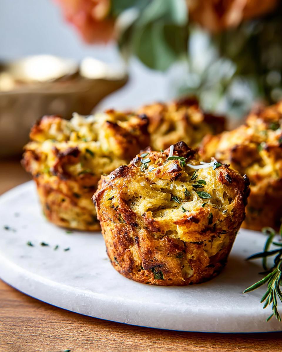 Close-up of golden-brown, crispy savory holiday stuffing muffins, garnished with fresh herbs.