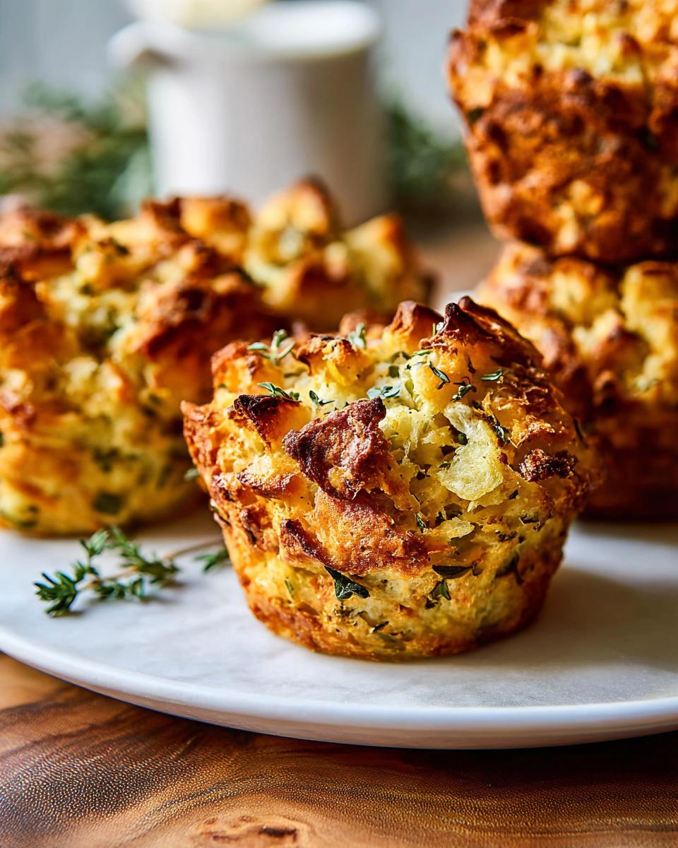 Close-up of a golden-brown Simple Holiday Stuffing muffin, garnished with fresh thyme.