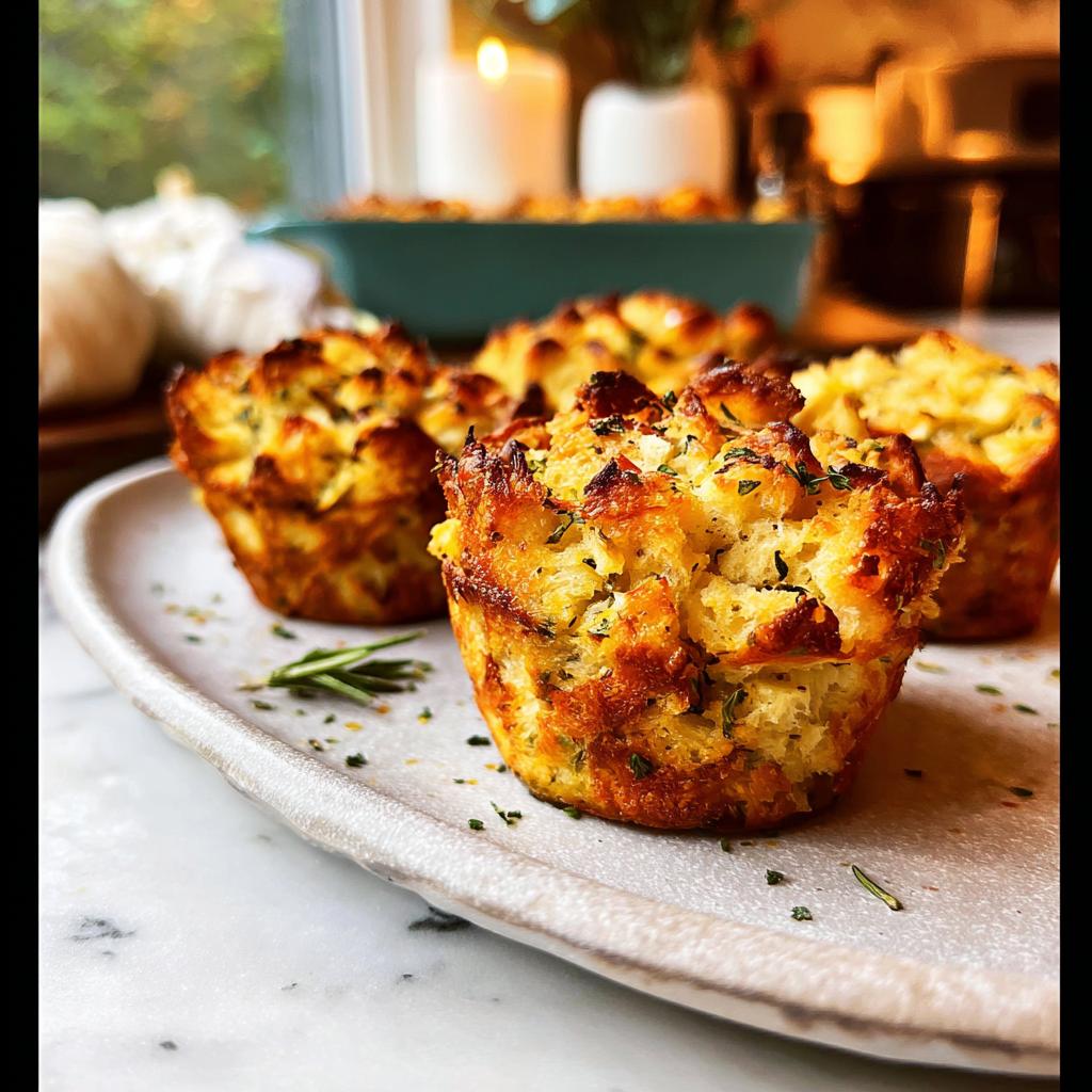 Close-up of crispy savory holiday stuffing muffins on a plate, sprinkled with herbs.