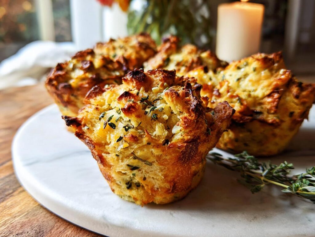 Close-up of crispy, savory holiday stuffing muffins baked in muffin tins, sprinkled with herbs.