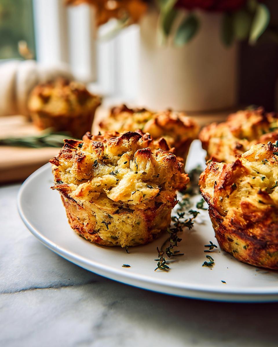 Close-up of golden brown, crispy savory holiday stuffing muffins on a white plate, garnished with fresh thyme.
