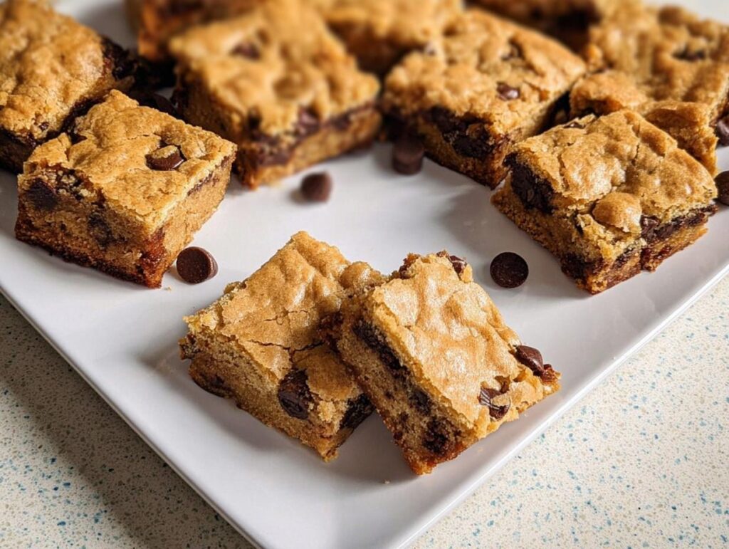 A plate of freshly baked chocolate chip cookie bars, showcasing gooey chocolate chips and a golden-brown texture. Perfect for Simple No Fuss Desserts.