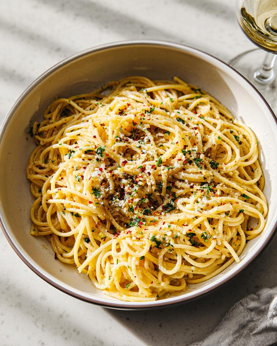 A bowl of spaghetti tossed with garlic, parmesan cheese, and red pepper flakes, a perfect example of how to make pasta recipes like a pro.