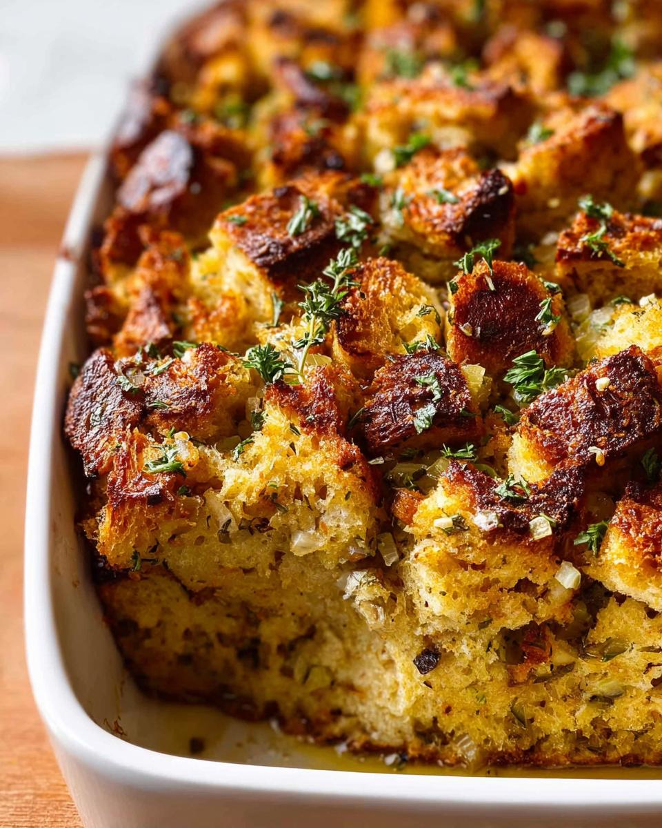 Close-up of a golden brown stuffing recipe in a white baking dish, garnished with fresh herbs.