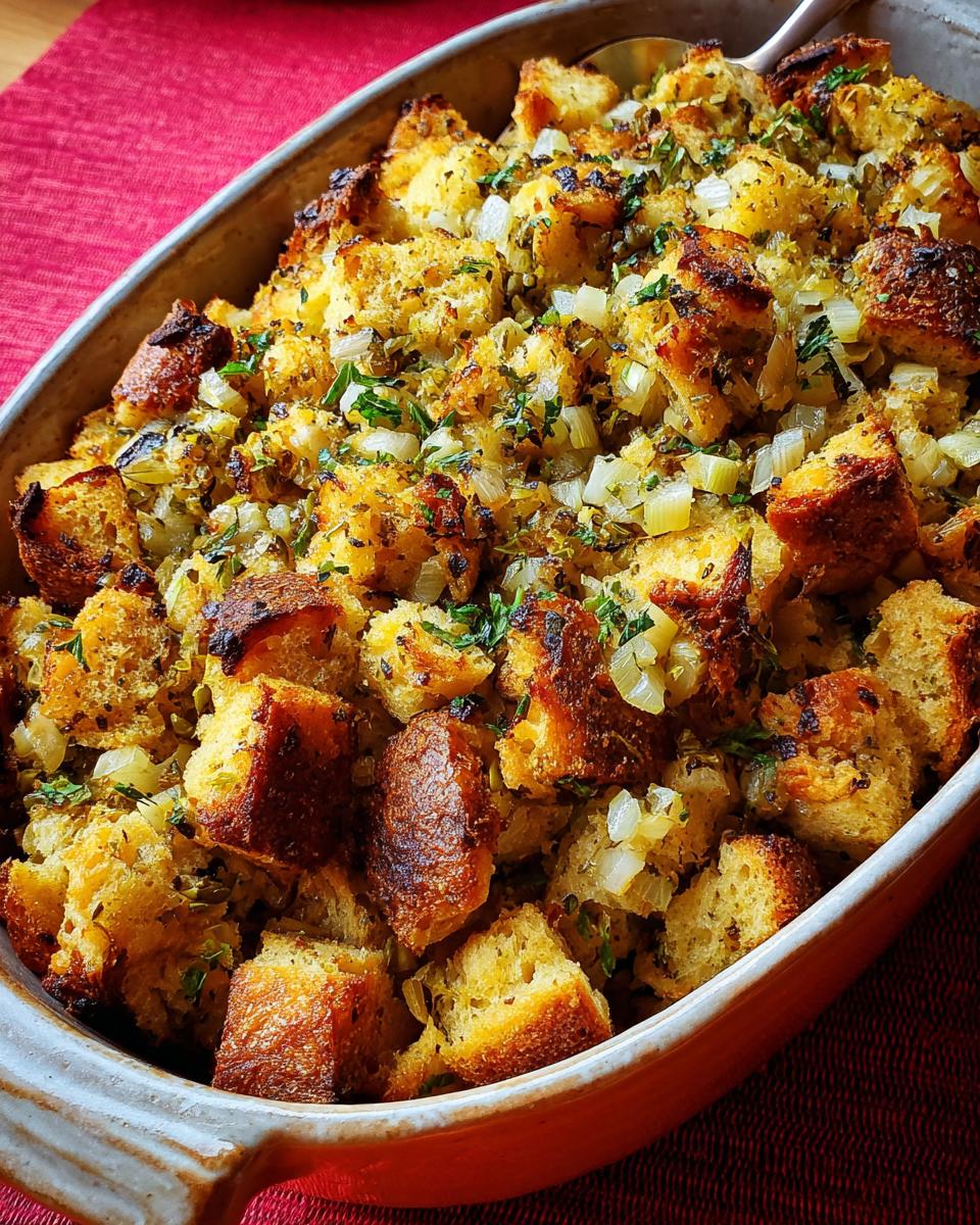 Close-up of a golden-brown baked stuffing dish, featuring cubed bread, onions, and herbs.