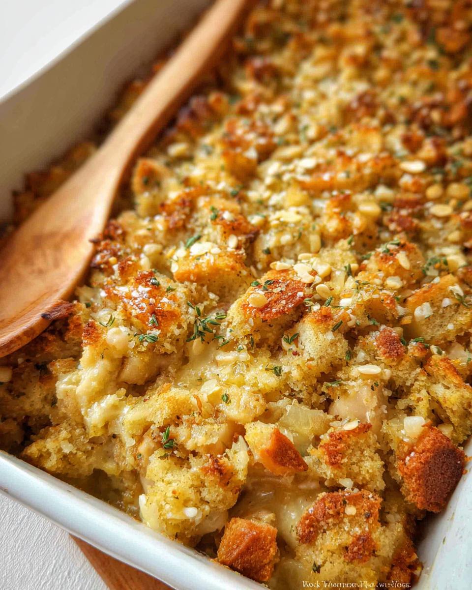Close-up of a golden-brown baked stuffing in a white dish, perfect for busy weeknight stuffing recipes.