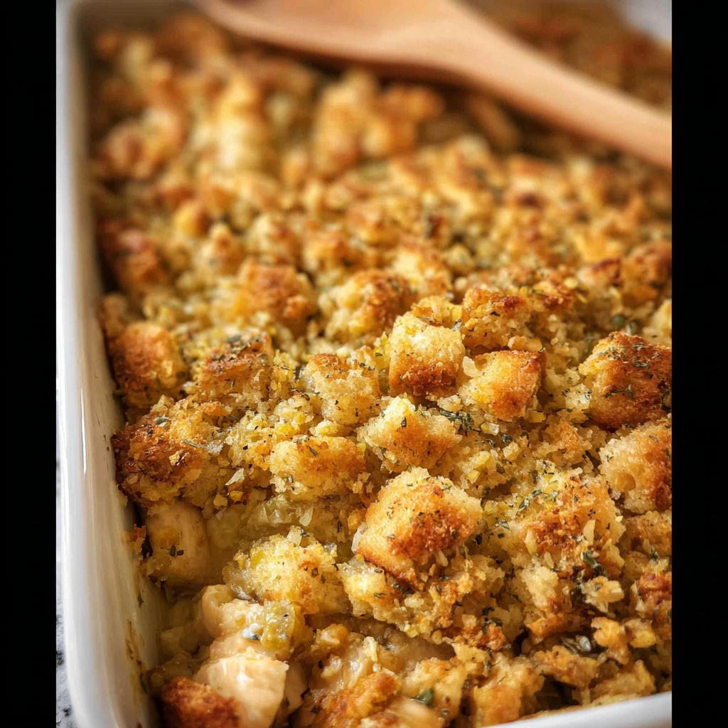 Close-up of a baked stuffing casserole with a golden-brown crust, perfect for stuffing recipes for busy weeknights.