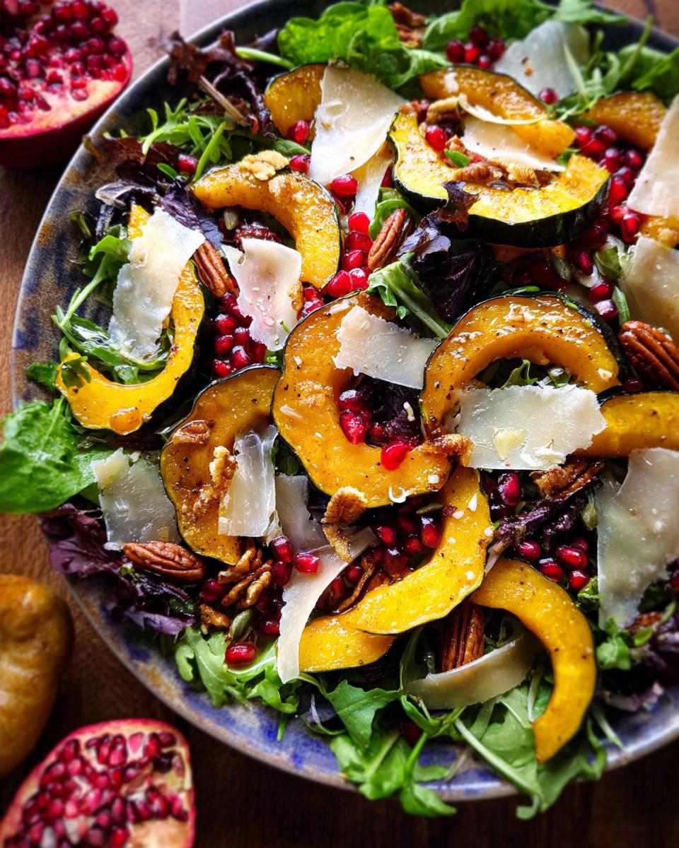 Close-up of a vibrant Thanksgiving salad with roasted acorn squash, pomegranate seeds, pecans, and shaved parmesan.