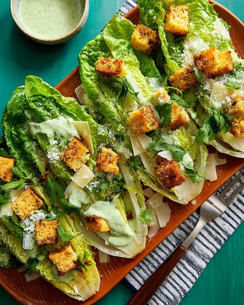 A refreshing Caesar salad with romaine lettuce, croutons, shaved parmesan, and creamy dressing, perfect for Thanksgiving.