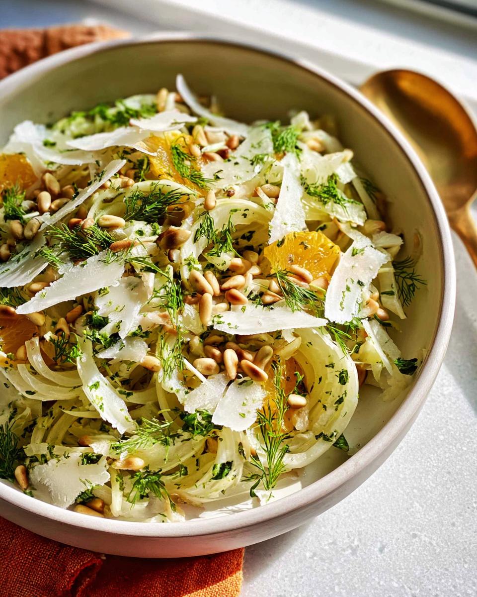 A bright and fresh Thanksgiving salad featuring thinly sliced fennel, orange segments, toasted pine nuts, shaved parmesan, and fresh dill.