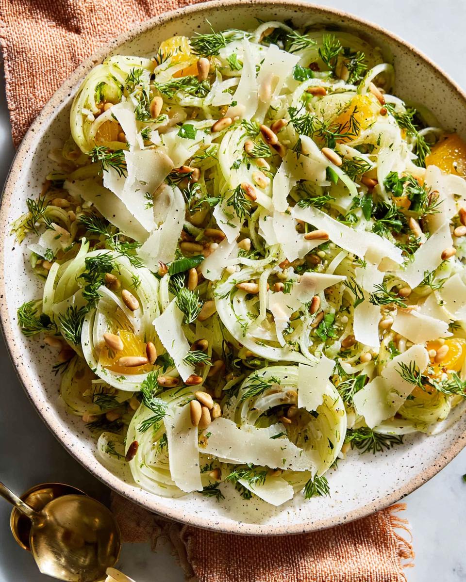 Close-up of a Thanksgiving salad featuring shaved fennel, orange segments, pine nuts, shaved Parmesan, and fresh dill.
