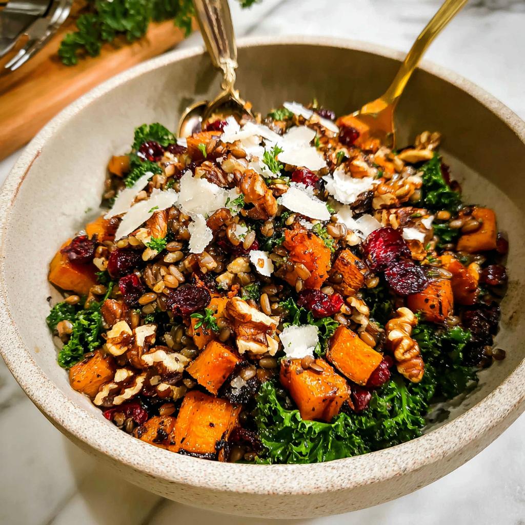 A vibrant Thanksgiving salad featuring kale, roasted butternut squash, cranberries, walnuts, and grains, topped with shaved Parmesan.
