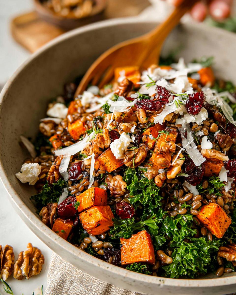A vibrant bowl of Thanksgiving salad featuring kale, roasted sweet potato cubes, cranberries, walnuts, and crumbled cheese.