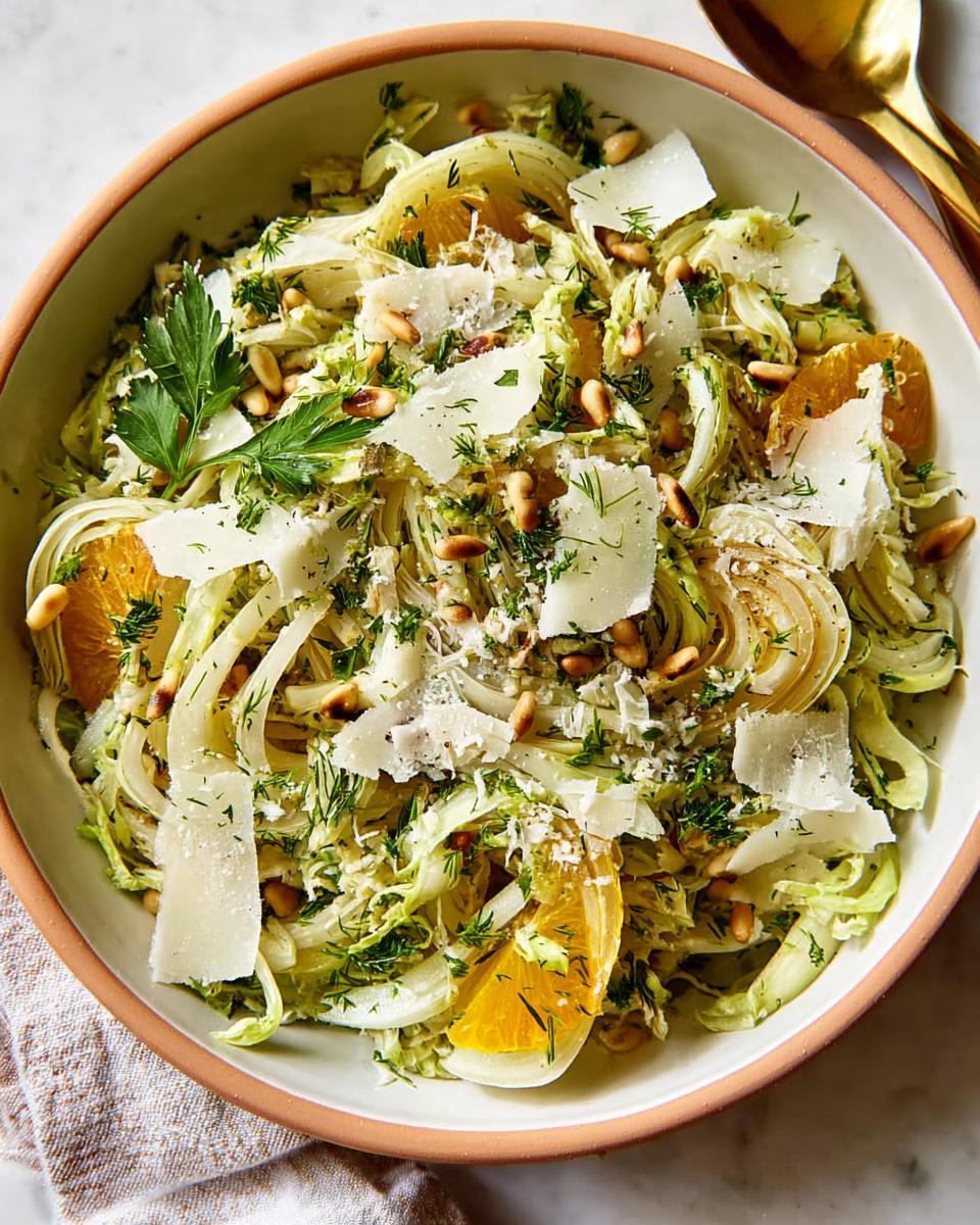 A vibrant Thanksgiving salad featuring shaved fennel, orange segments, pine nuts, and shaved Parmesan cheese.