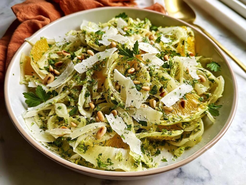 A vibrant Thanksgiving salad featuring shaved fennel, orange slices, pine nuts, shaved Parmesan, and fresh parsley.
