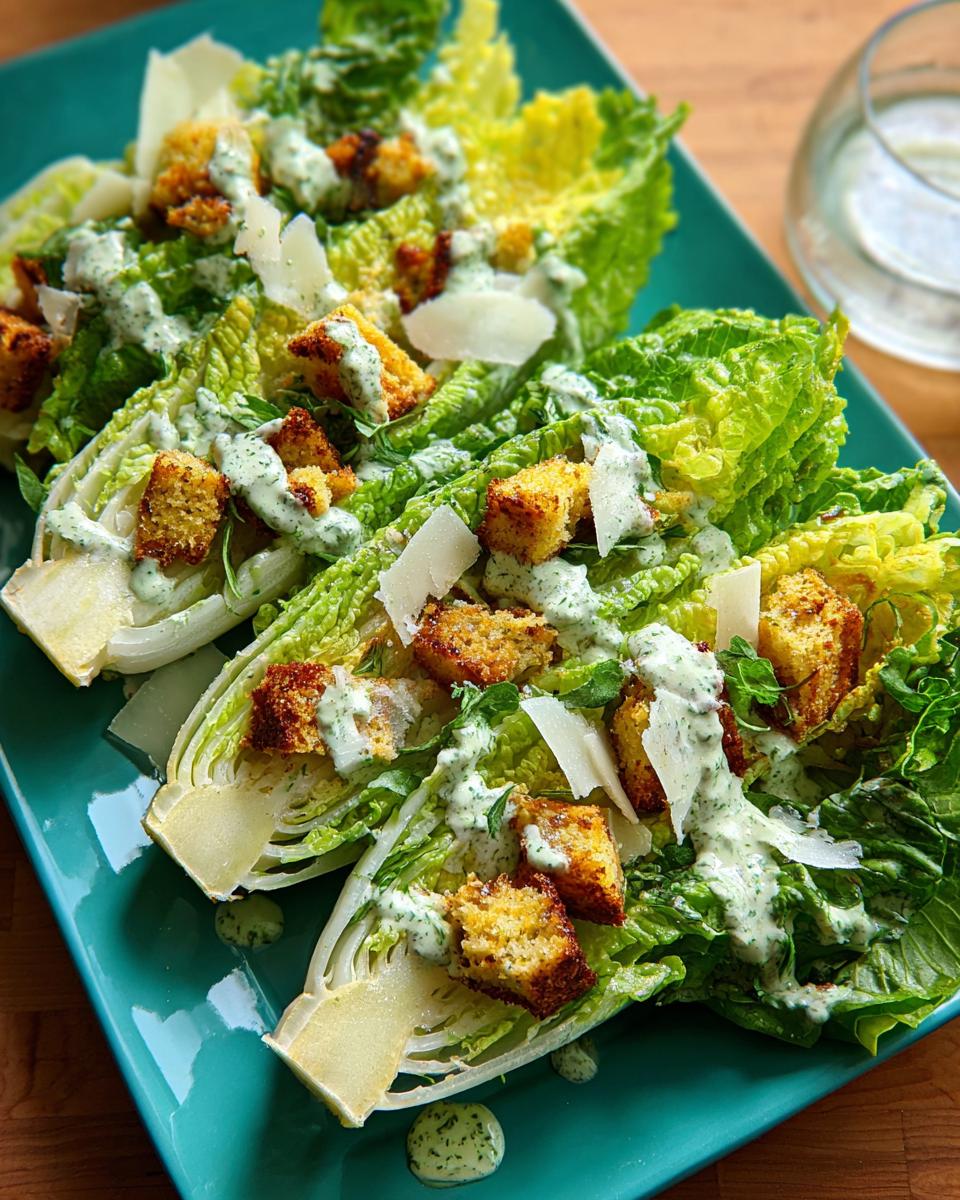 A vibrant Thanksgiving salad featuring romaine lettuce halves, croutons, shaved parmesan, and creamy dressing.