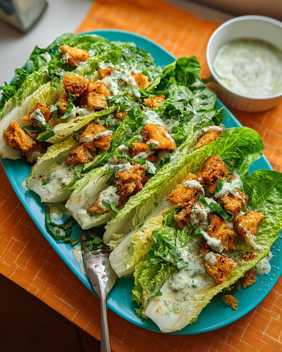 A vibrant and fresh Thanksgiving salad featuring romaine lettuce halves, croutons, and a creamy dressing.