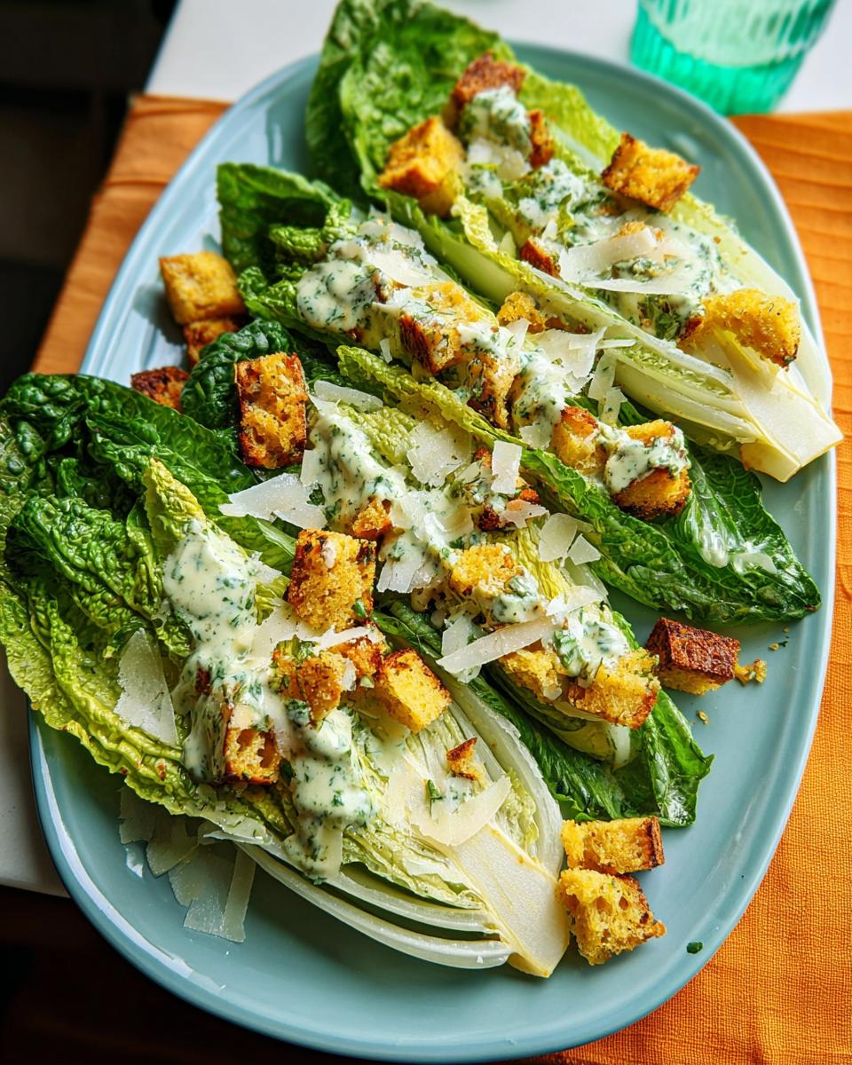 A refreshing Thanksgiving salad featuring romaine lettuce halves, topped with croutons, shaved parmesan, and creamy dressing.