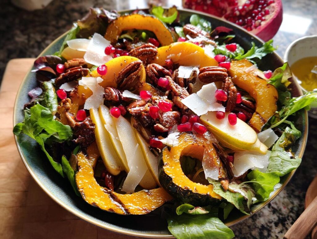 A vibrant Thanksgiving salad featuring roasted acorn squash, sliced pears, pecans, pomegranate seeds, and shaved Parmesan.