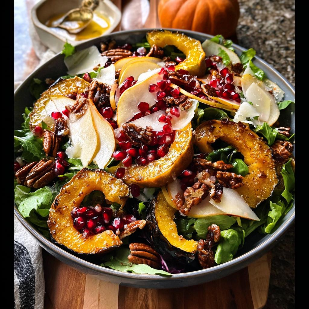 A vibrant Thanksgiving salad featuring roasted acorn squash, sliced pears, pomegranate seeds, pecans, and greens.