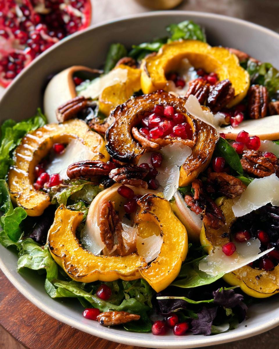 A vibrant Thanksgiving salad featuring roasted acorn squash rings, fresh greens, pecans, pomegranate seeds, and shaved Parmesan cheese.