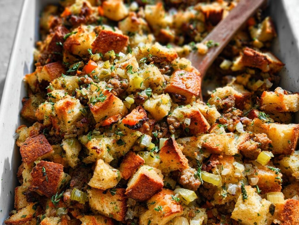Close-up of a baking dish filled with classic and easy Thanksgiving stuffing from scratch, featuring toasted bread cubes and savory ingredients.