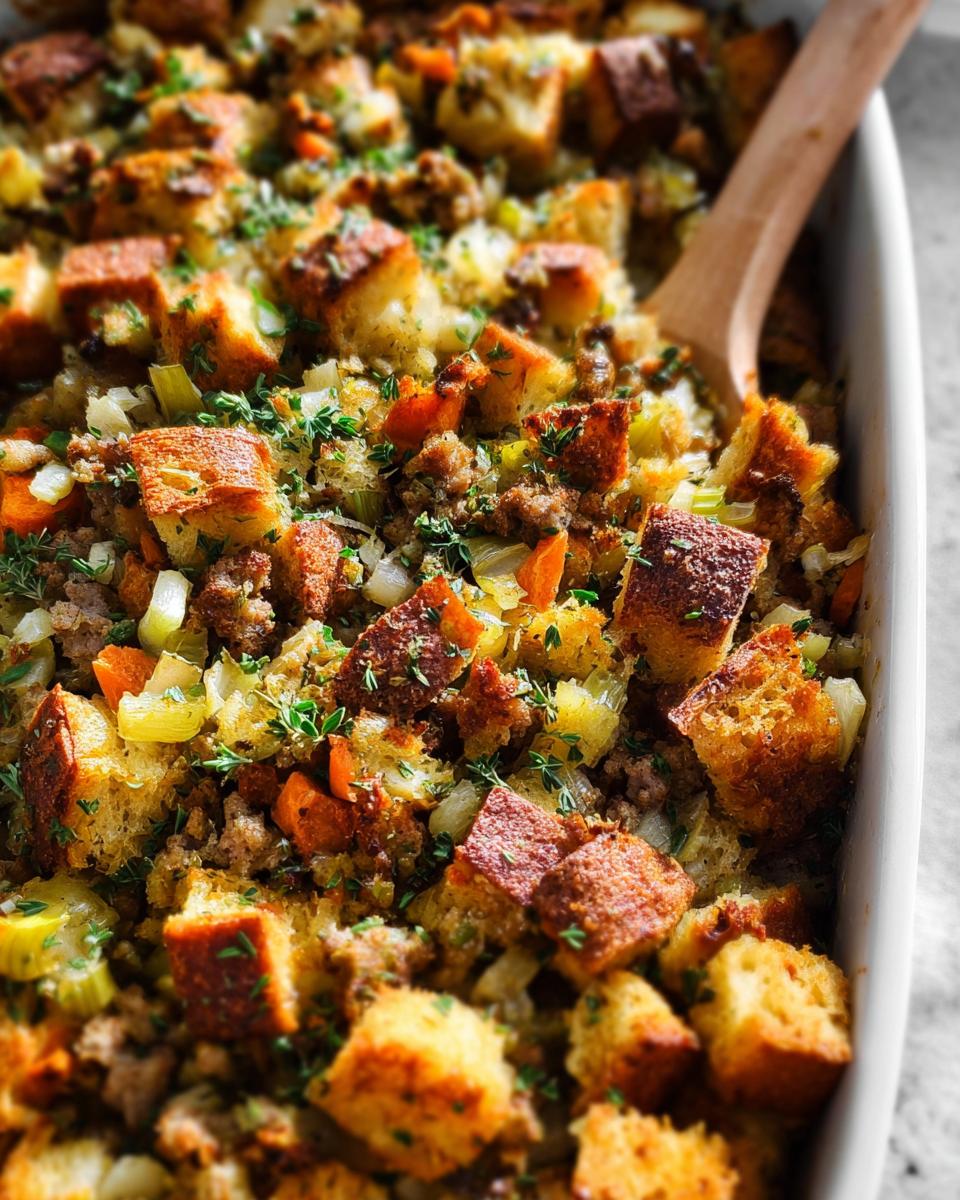 Close-up of a classic Thanksgiving stuffing recipe from scratch, featuring toasted bread cubes, sausage, and herbs in a baking dish.