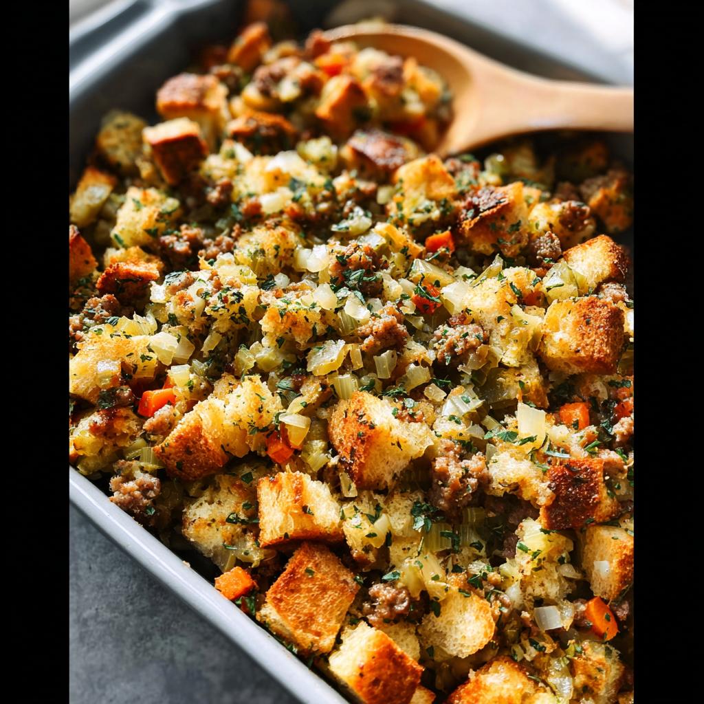 Close-up of a baking dish filled with classic and easy Thanksgiving stuffing made from scratch, featuring bread cubes, sausage, and herbs.