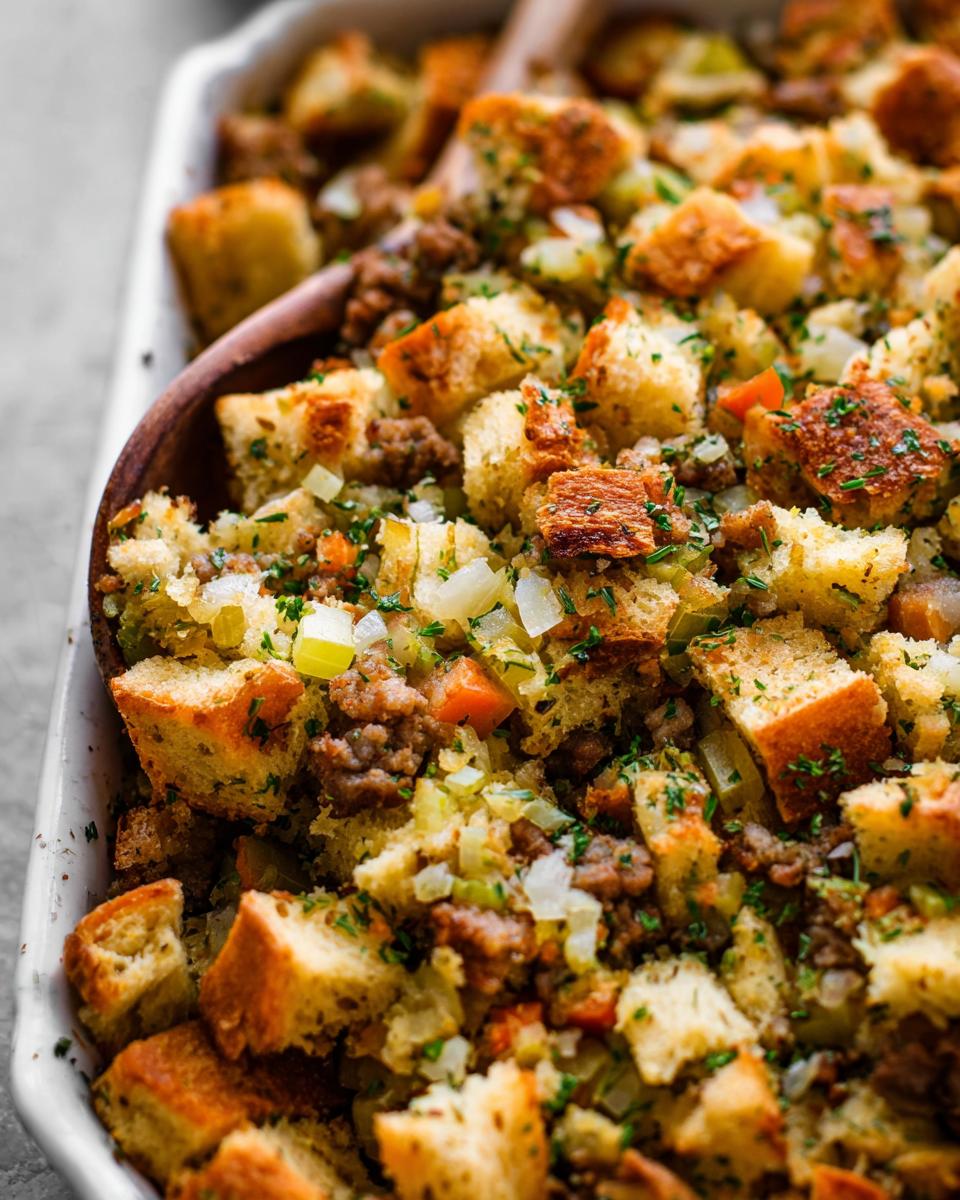 Close-up of a classic Thanksgiving stuffing recipe from scratch, featuring bread cubes, sausage, and herbs in a baking dish.
