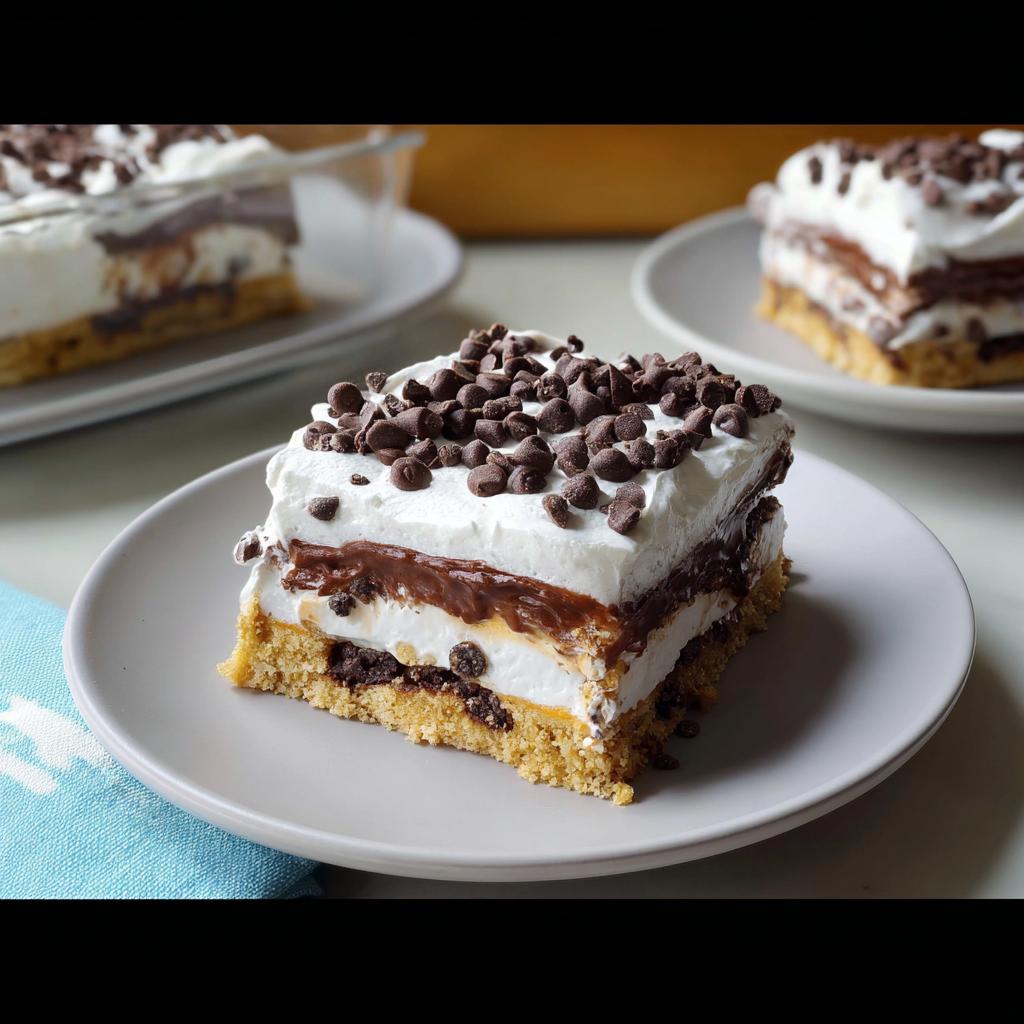 A delicious slice of chocolate chip layered dessert, topped with whipped cream and mini chocolate chips.
