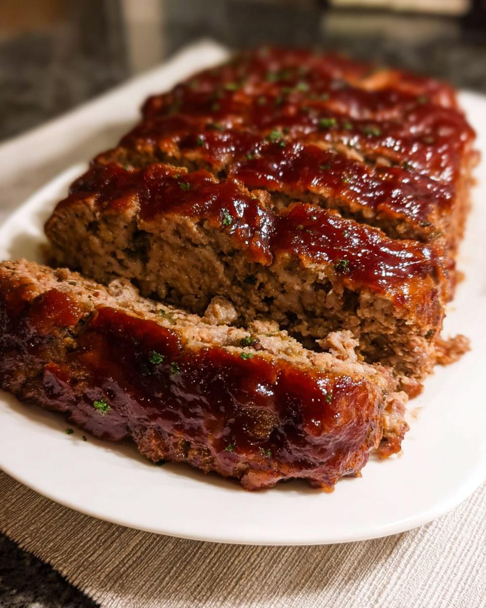 A close-up of a sliced Top Notch Meatloaf Recipe, glazed with a rich, glossy sauce and sprinkled with fresh parsley.