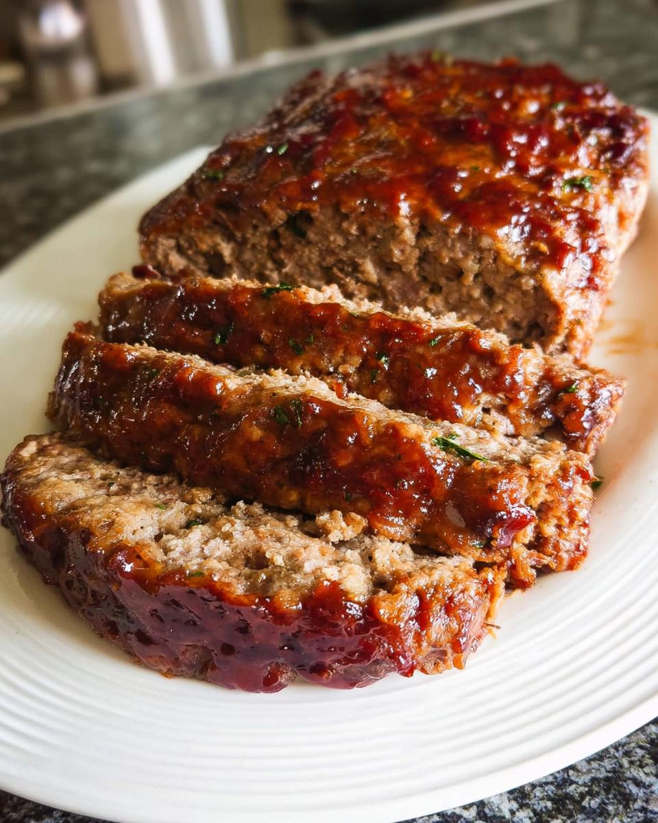 Close-up of a sliced Top Notch Meatloaf Recipe With Juicy Flavor, glazed with a rich sauce.